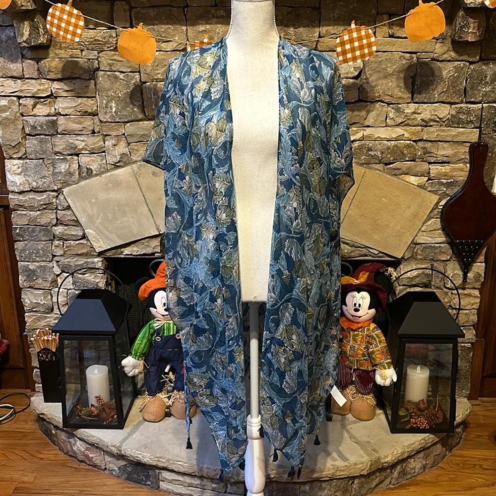NWT Moss Rose Blue Leaf Print Boho Long Sheer Cardigan Kimono One Size Fits Most